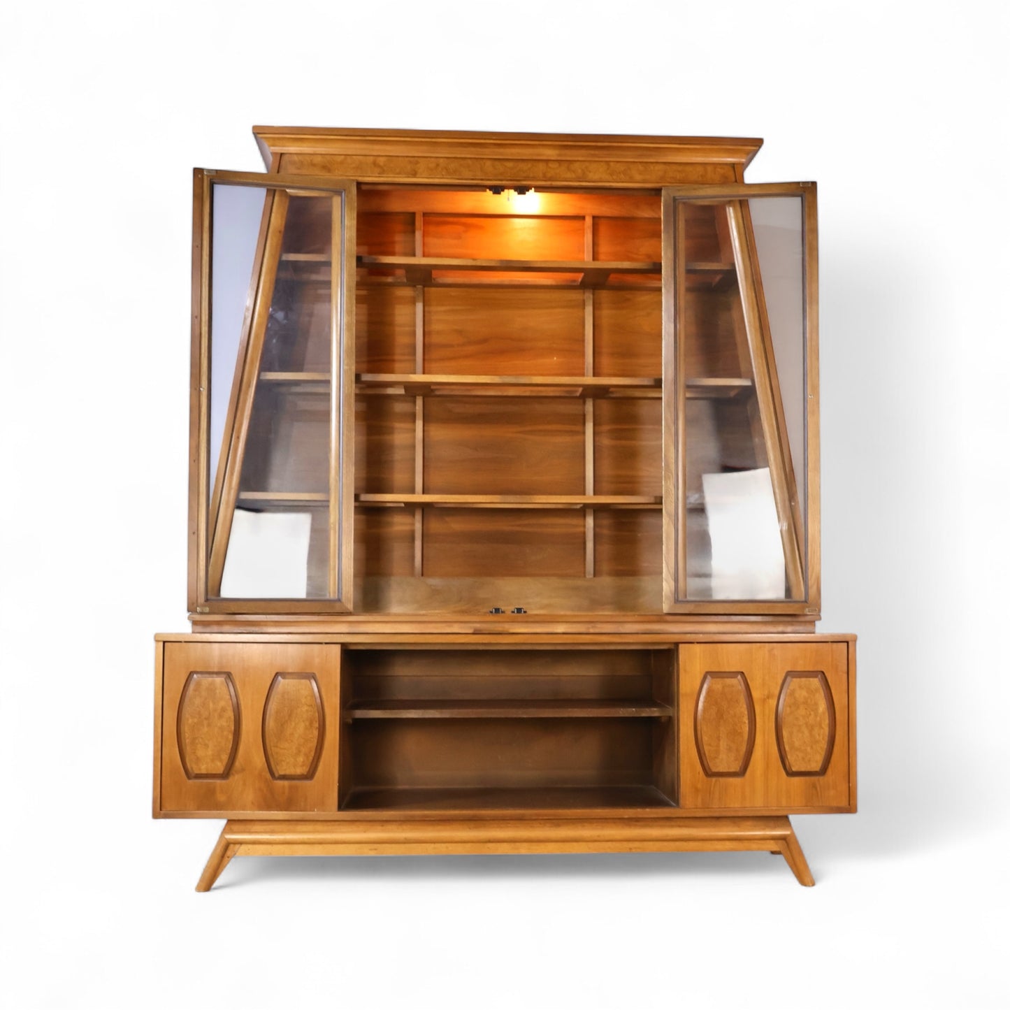 Young Manufacturing Vintage Mid Century Modern Walnut and Burl 2 Piece China Cabinet c. 1960s