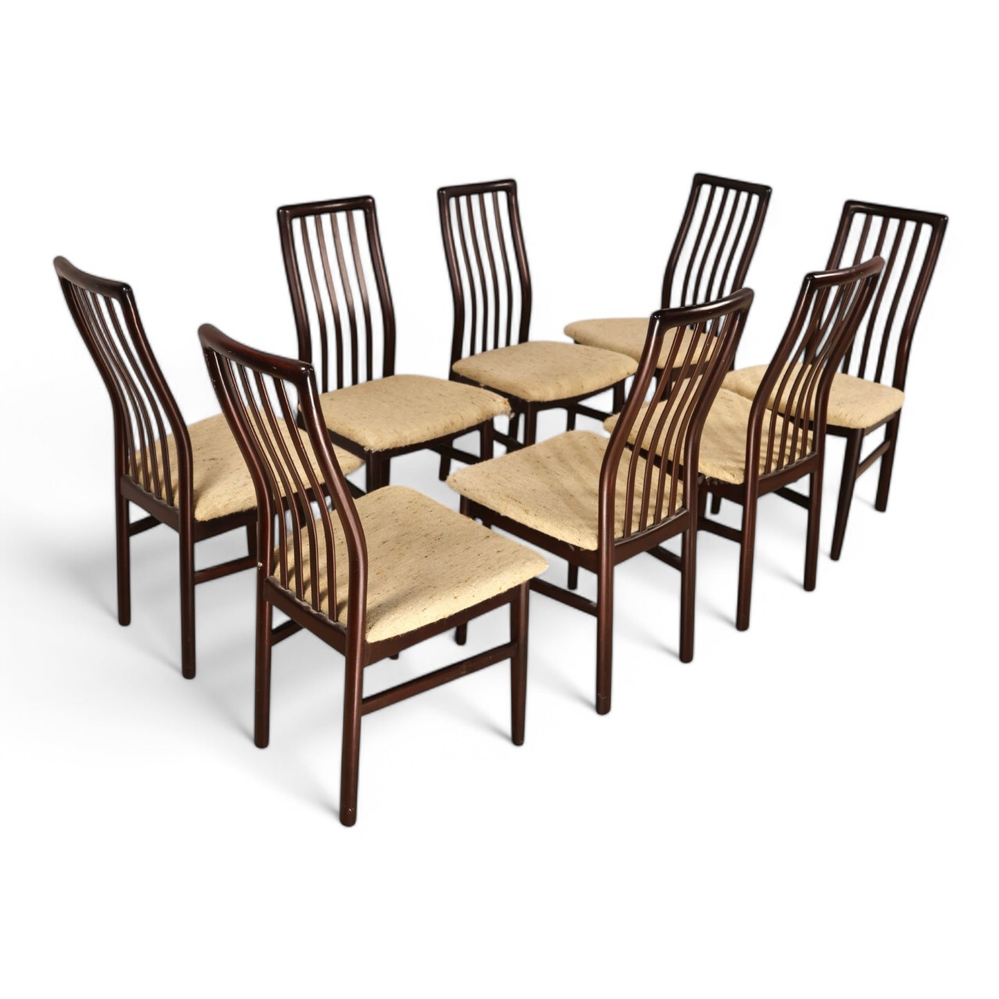 Set of eight rosewood dining chairs by SVA Mobler with sculptural slatted backrests