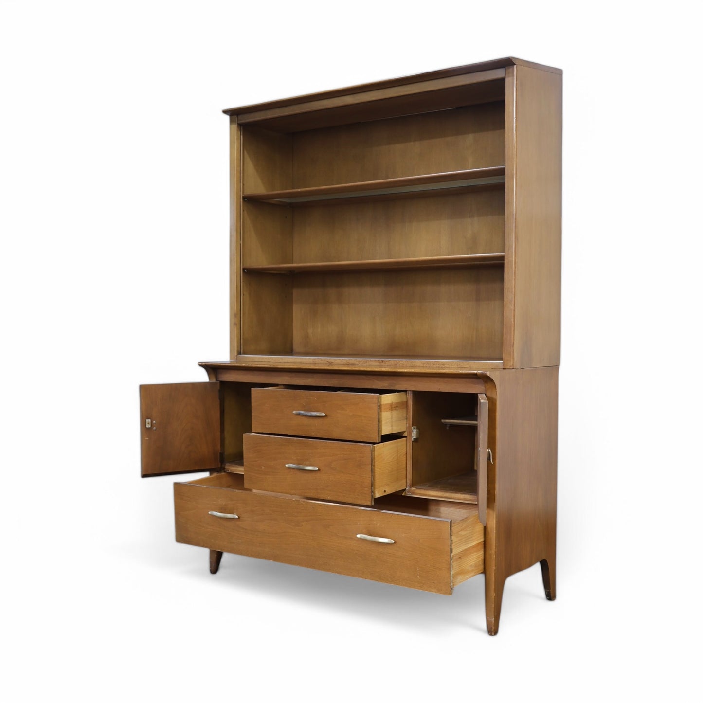 Two-piece china cabinet with open display and concealed storage compartments