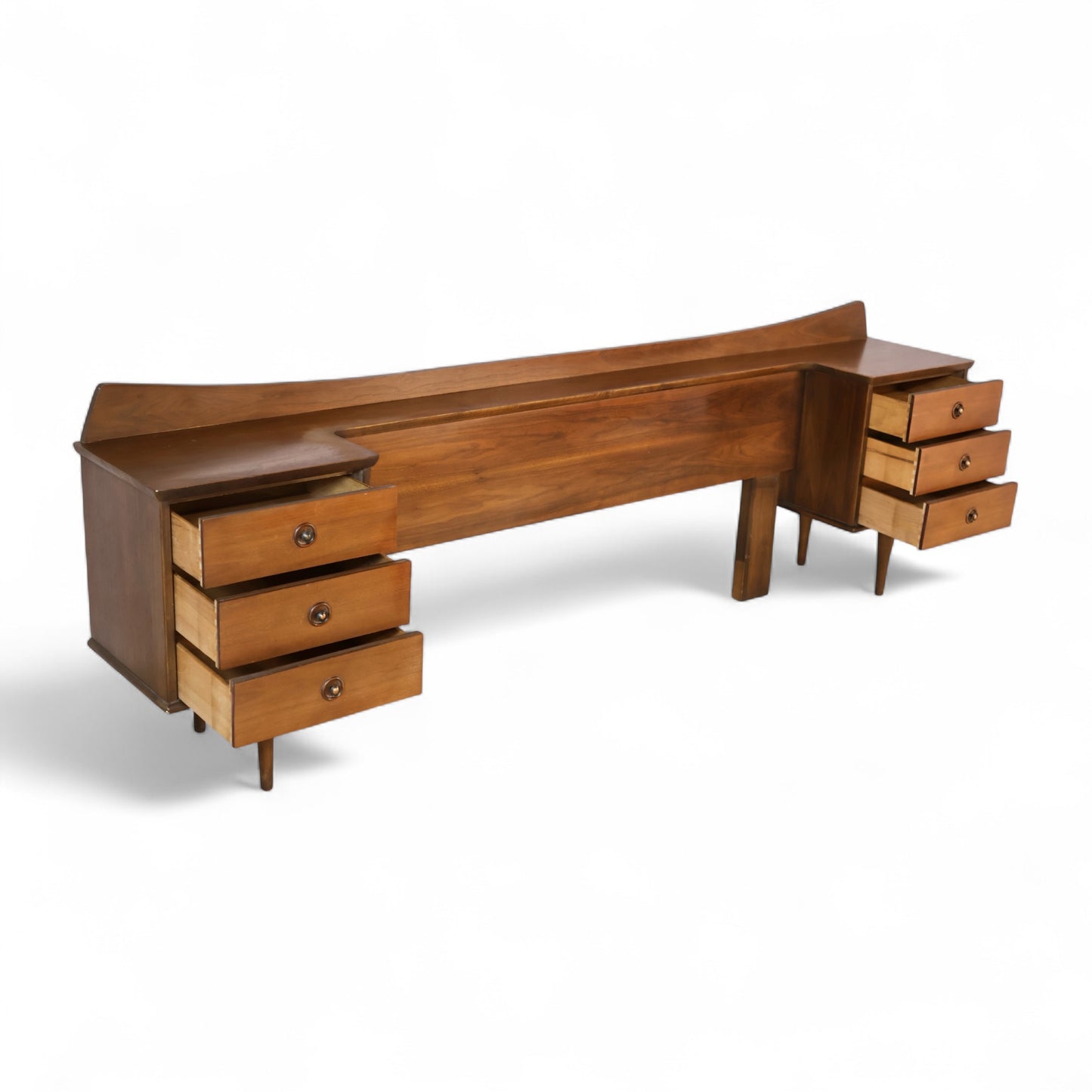 American of Martinsville Vintage Mid Century Modern Queen Headboard Integrated Nightstands c. 1960s