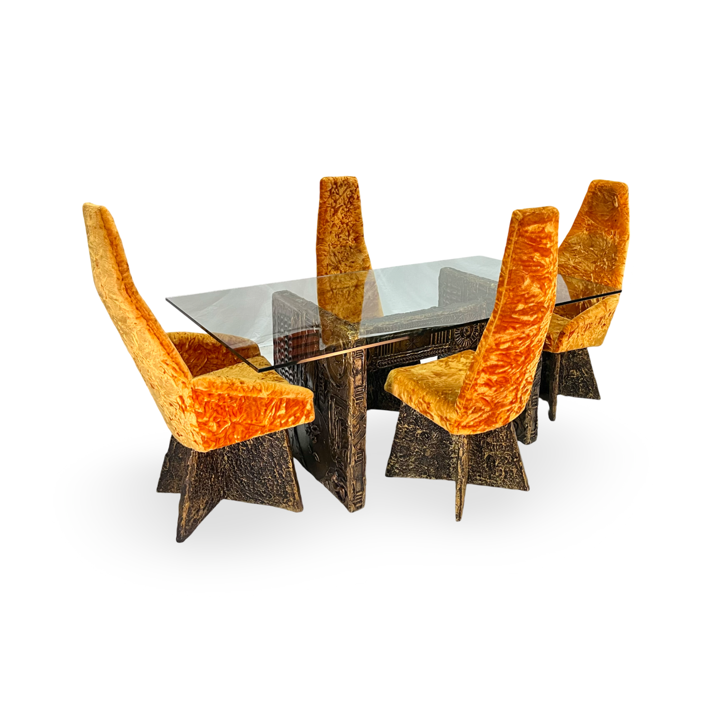 Mid Century Modern dining chairs with orange-gold upholstery, Adrian Pearsall