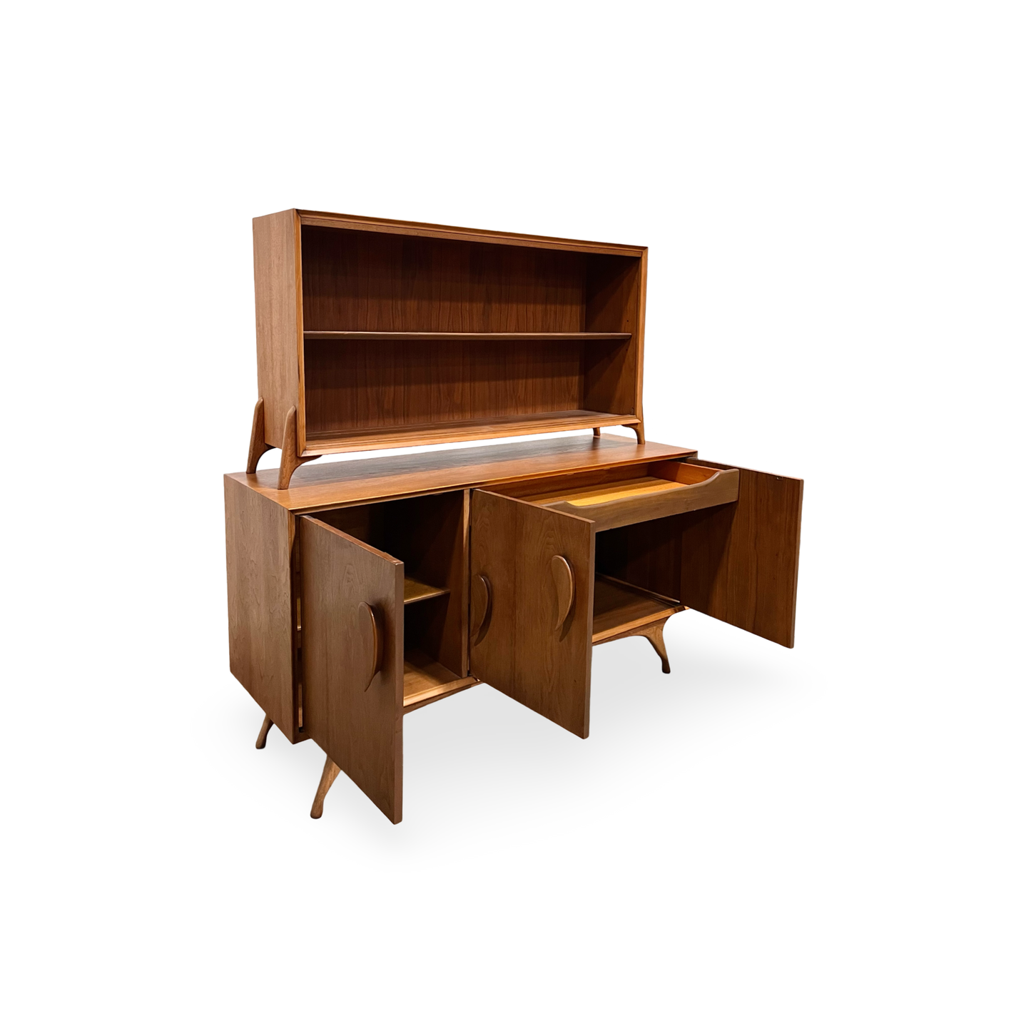 Vintage 1960s MCM hutch with sculpted door handles and hidden storage