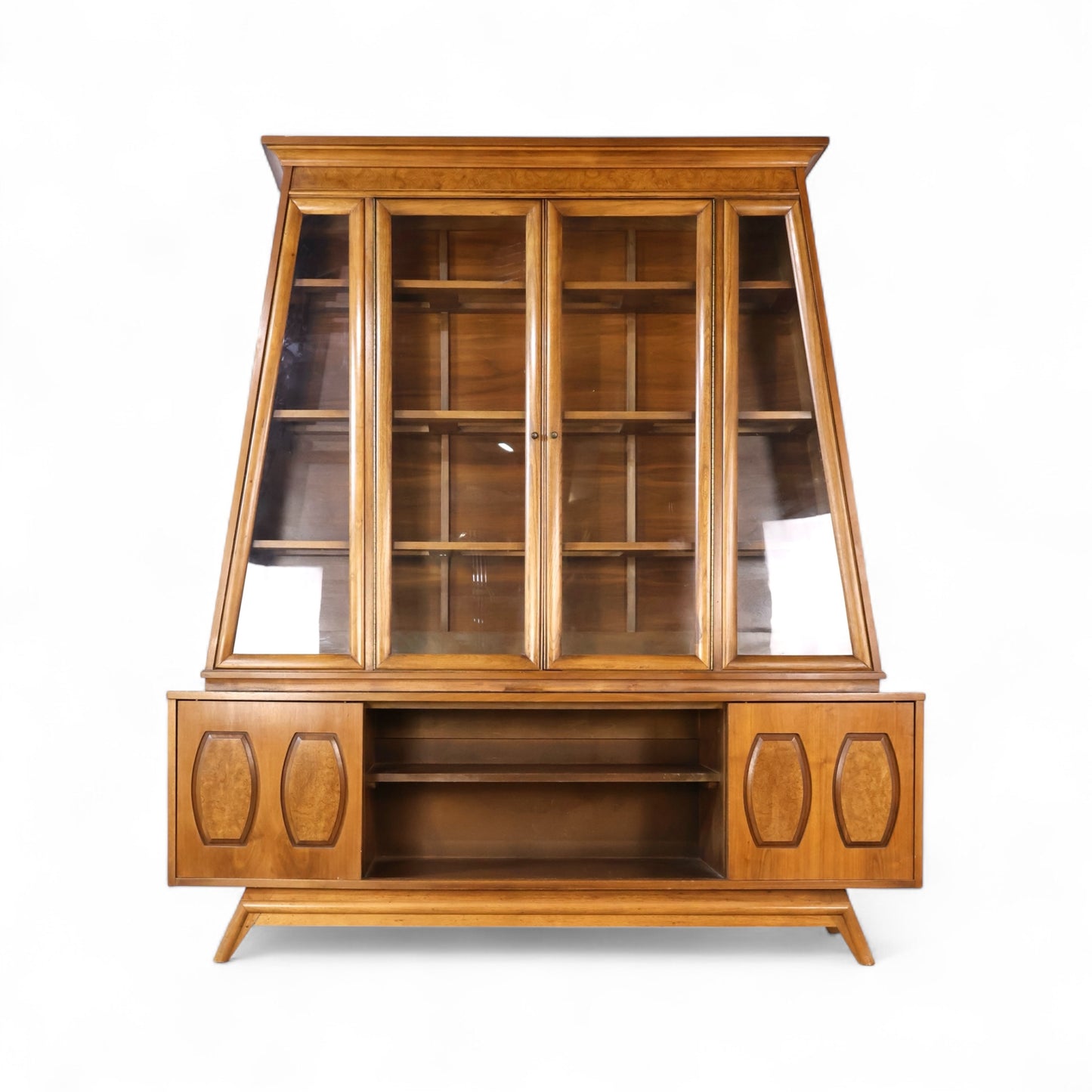 Young Manufacturing Vintage Mid Century Modern Walnut and Burl 2 Piece China Cabinet c. 1960s