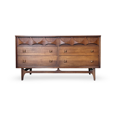 Broyhill Brasilia Vintage Mid Century Modern 6 Drawer Dresser c. 1960s — walnut construction, front view