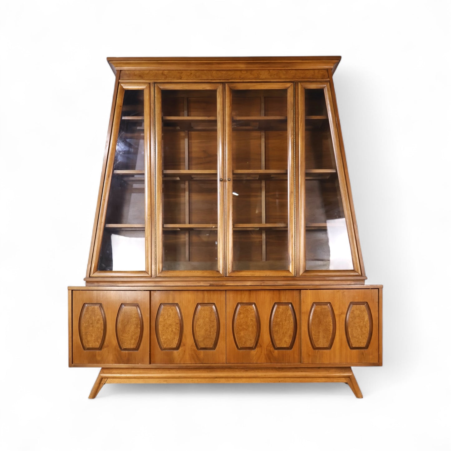 Young Manufacturing Vintage Mid Century Modern Walnut and Burl 2 Piece China Cabinet c. 1960s