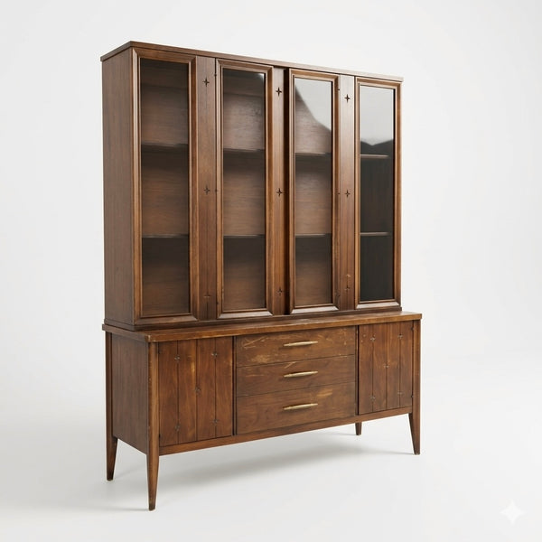 Broyhill Saga Vintage Mid Century Modern Two Piece Buffet and Hutch... — walnut construction, front view