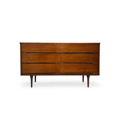 Vintage Mid Century Modern 6 Drawer Long Walnut Dresser c. 1960s — walnut construction, front view