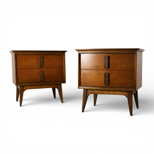 Bassett Mayan Vintage Mid Century Modern Tiki Pair of Nightstands โ walnut construction, front view