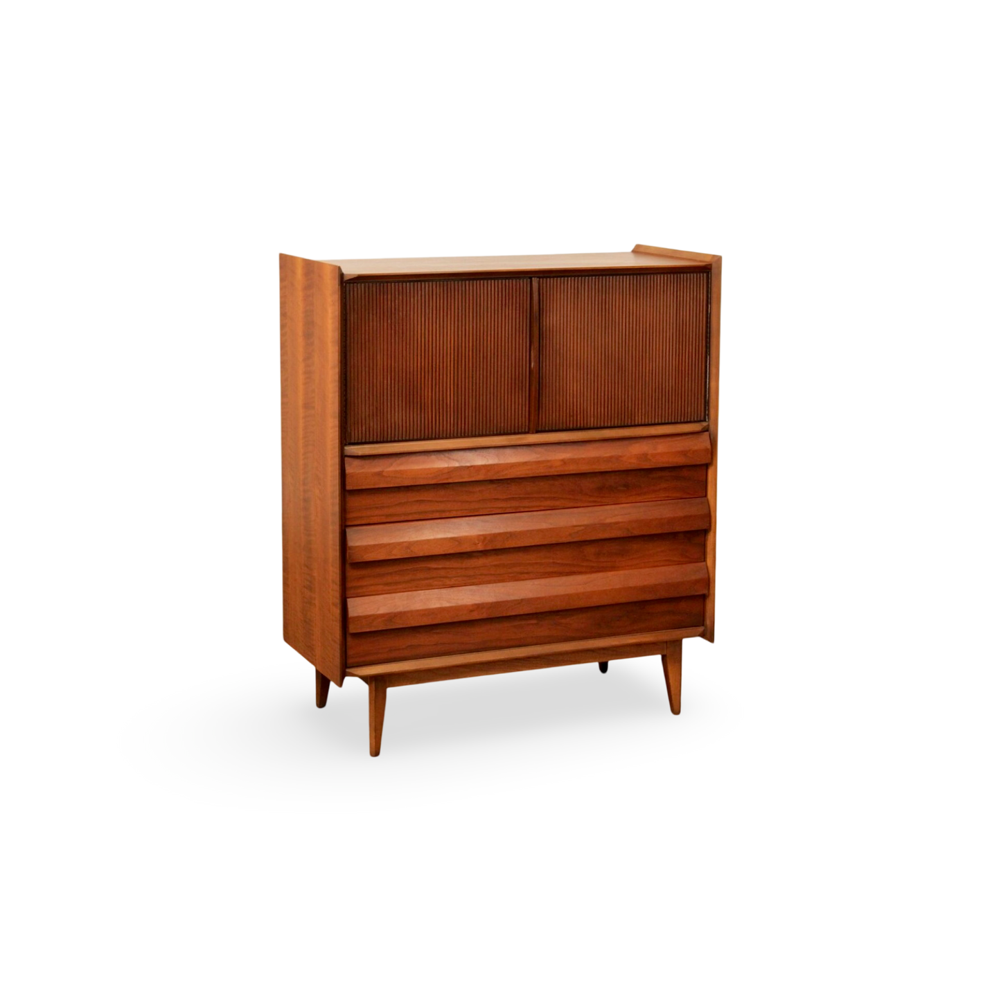 Vintage MCM dresser with ribbed walnut doors and sculpted drawers