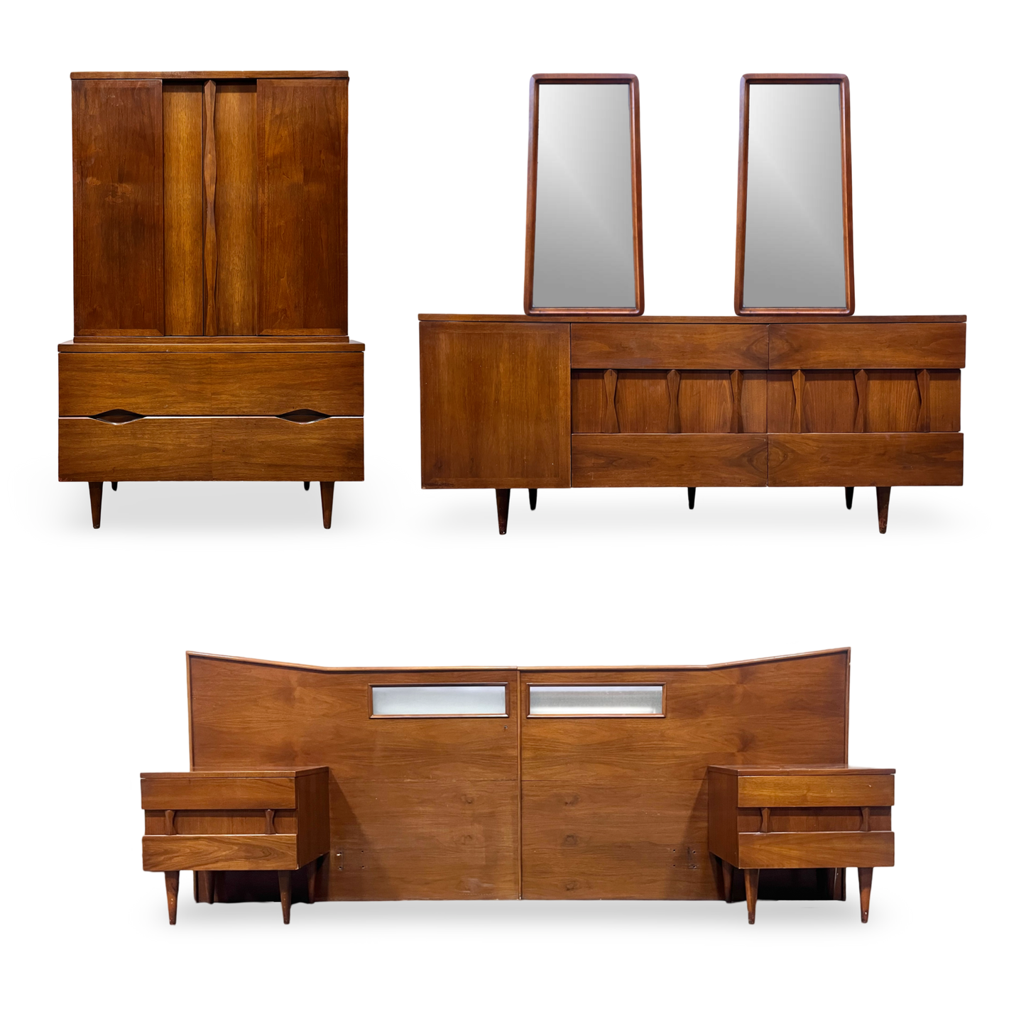 American of Martinsville 7 Piece Vintage Mid Century Modern Brutalist Bedroom Set c. 1960s