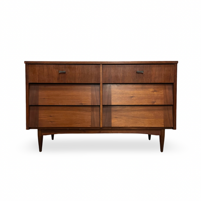 Harmony House Vintage 6 Drawer Mid Century Modern Dresser c. 1960s — walnut construction, front view