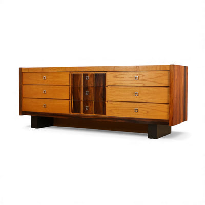 Oak and Rosewood Vintage Brutalist Mid Century Modern 9 Drawer Lowb... โ oak construction, front view