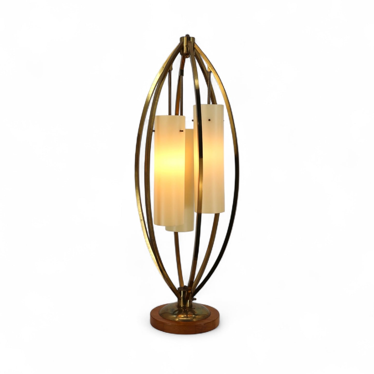 Brass and Walnut Vintage Mid Century Modern Bridcage Table Lamp c. 1960s