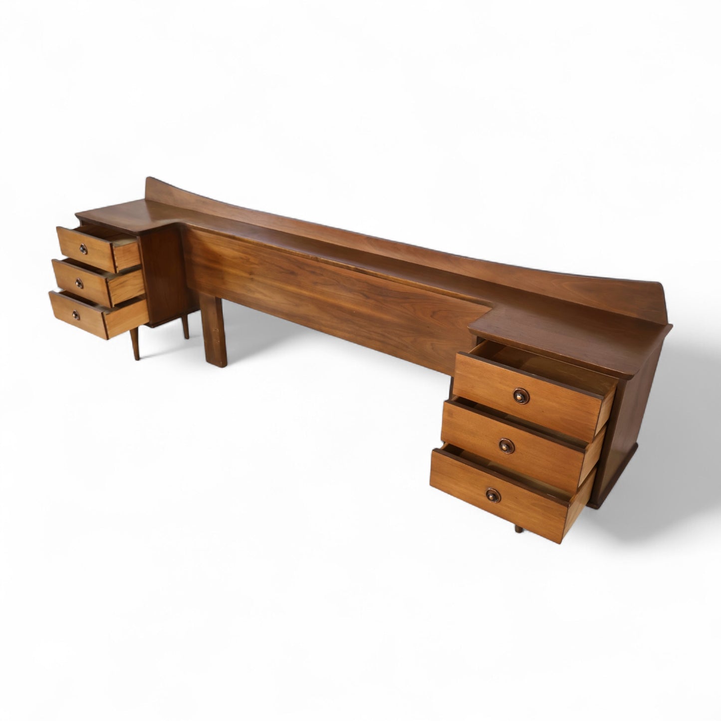 American of Martinsville Vintage Mid Century Modern Queen Headboard Integrated Nightstands c. 1960s