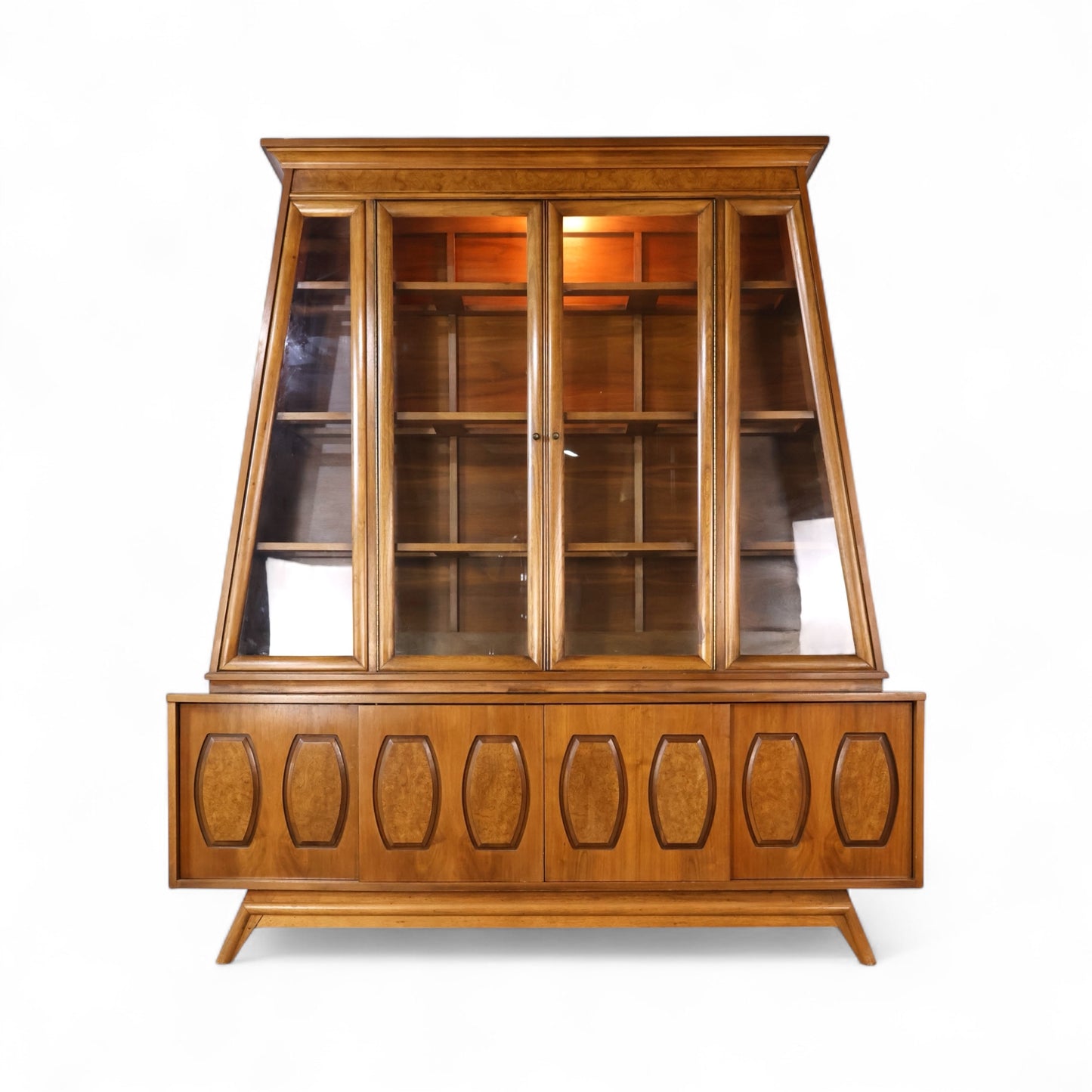 Young Manufacturing Vintage Mid Century Modern Walnut and Burl 2 Piece China Cabinet c. 1960s