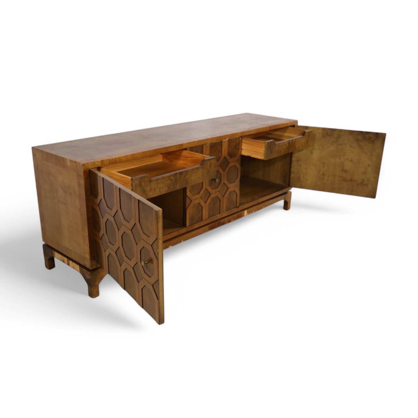 Harold Schwartz for Romweber Walnut Burl and Acacia Vintage Mid Century Modern Credenza c. 1960s