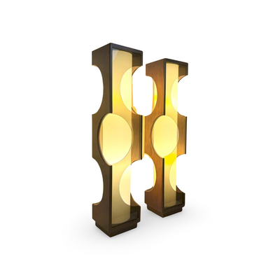 Modeline Pair of XL Vintage Mid Century Modern Table Lamps c. 1970s — walnut construction, front view