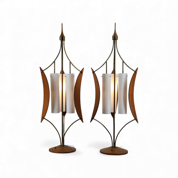 Modeline Style Vintage Mid Century Modern Brass and Walnut Sculptural Table Lamp One or Pair c. 1960s, straight on front view