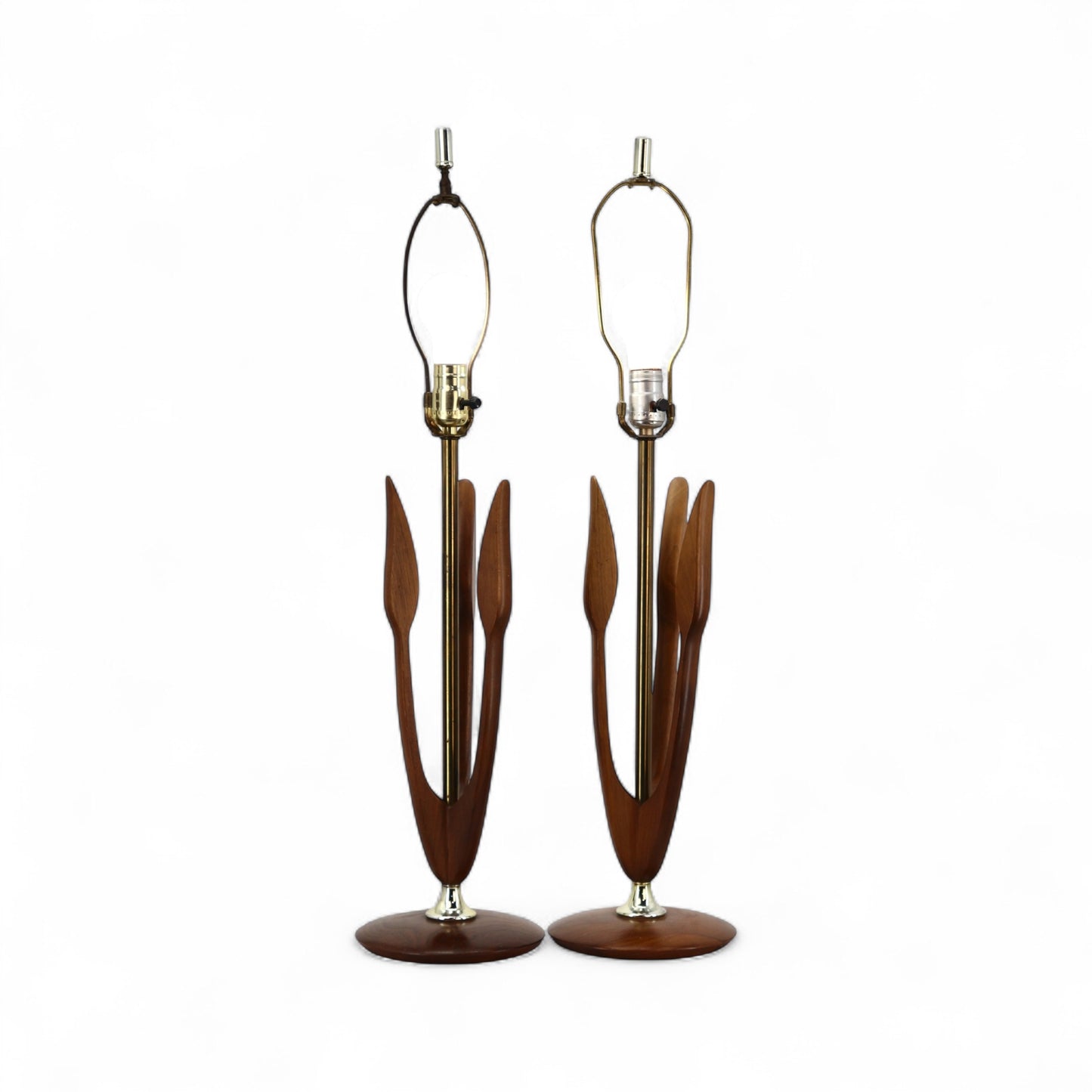 Tulip Petal Sculptural Vintage Mid Century Modern Walnut and Brass Pair of Table Lamps c. 1960s