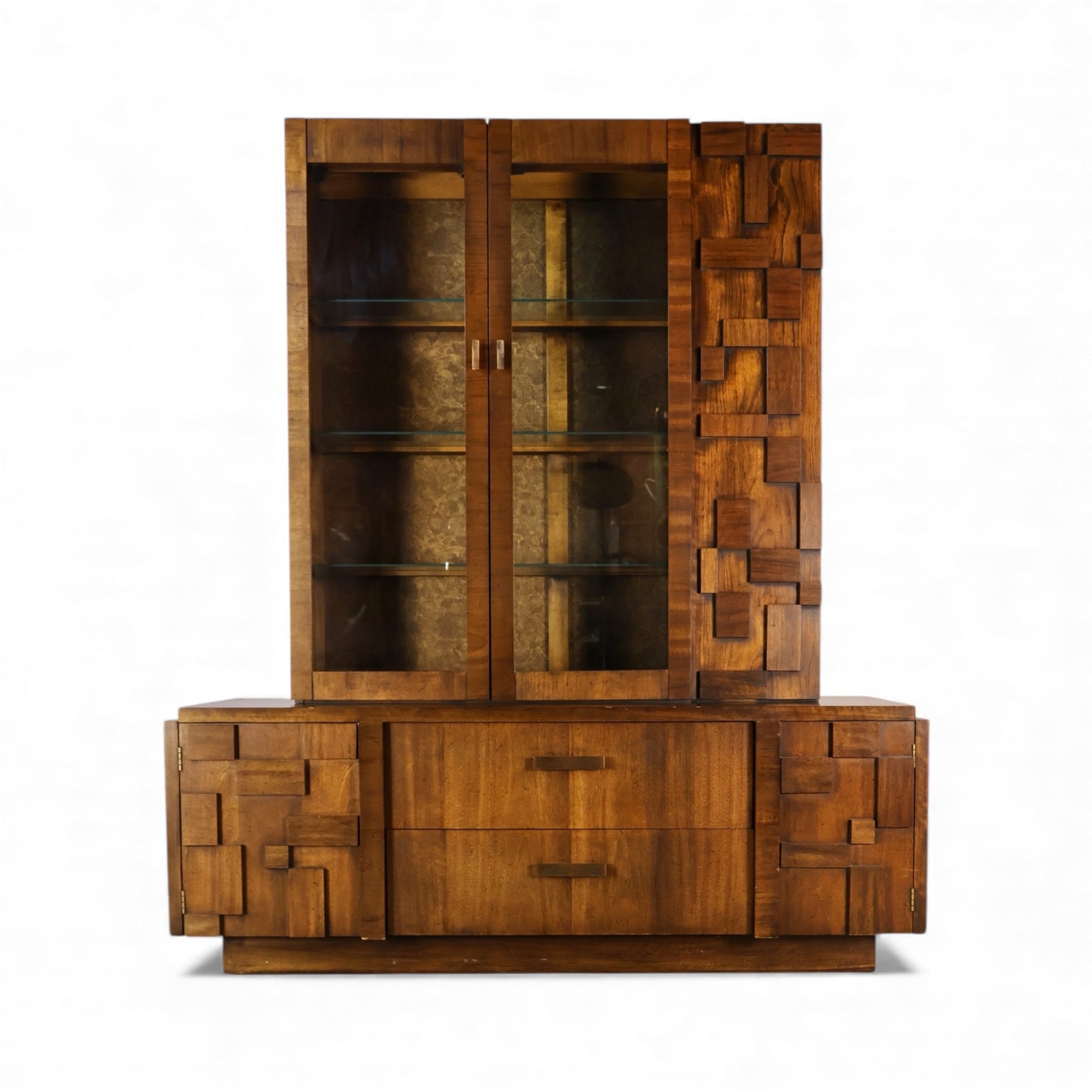 Lane Staccato Vintage Brutalist Mid Century Modern 2 Piece China Cabinet c. 1970s