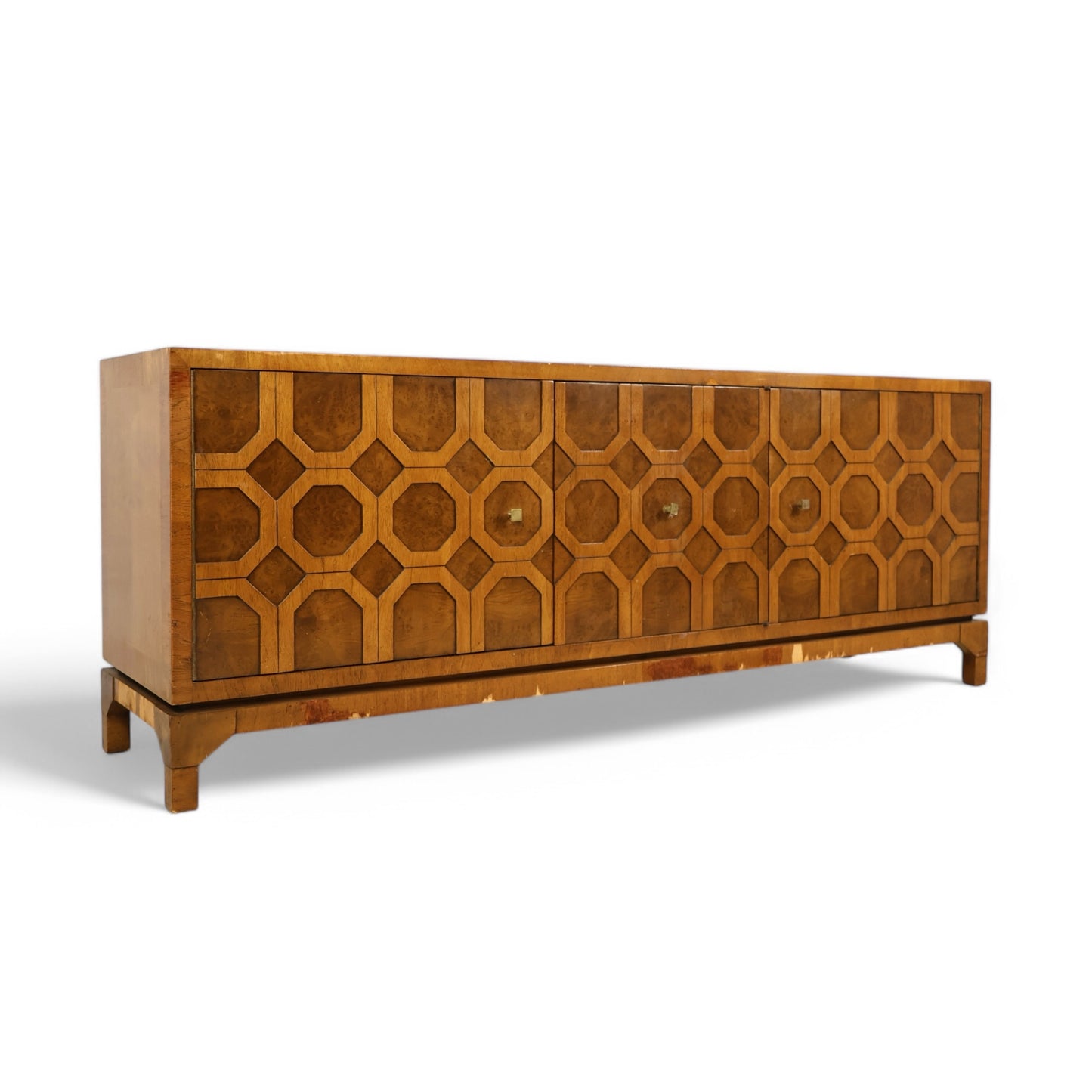 Harold Schwartz for Romweber Walnut Burl and Acacia Vintage Mid Century Modern Credenza c. 1960s