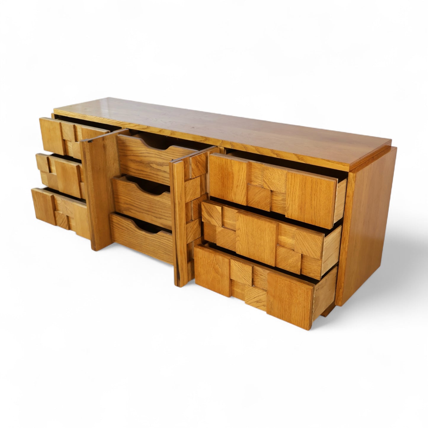Lane Staccato Brutalist Vintage Mid Century Modern White Oak Lowboy Dresser c. 1970s
