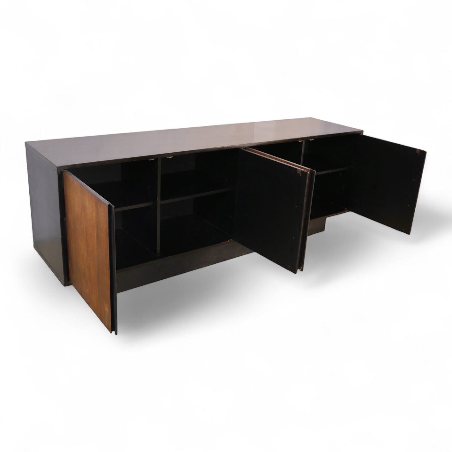 Milo Baughman Style Vintage Mid Century Modern Walnut and Chrome Credenza c. 1970s