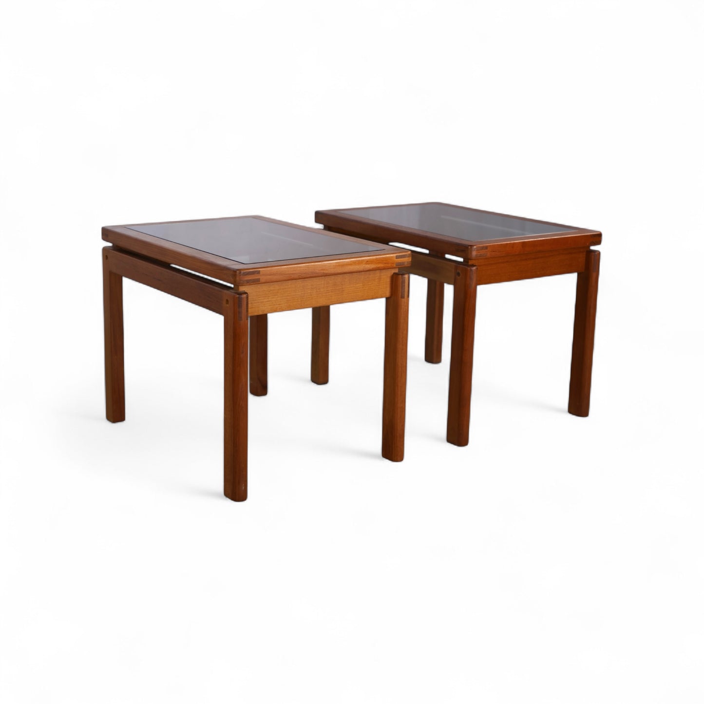 Kristiansen Thomassen Vintage Danish Mid Century Modern Teak and Smoke Glass End Tables Pair