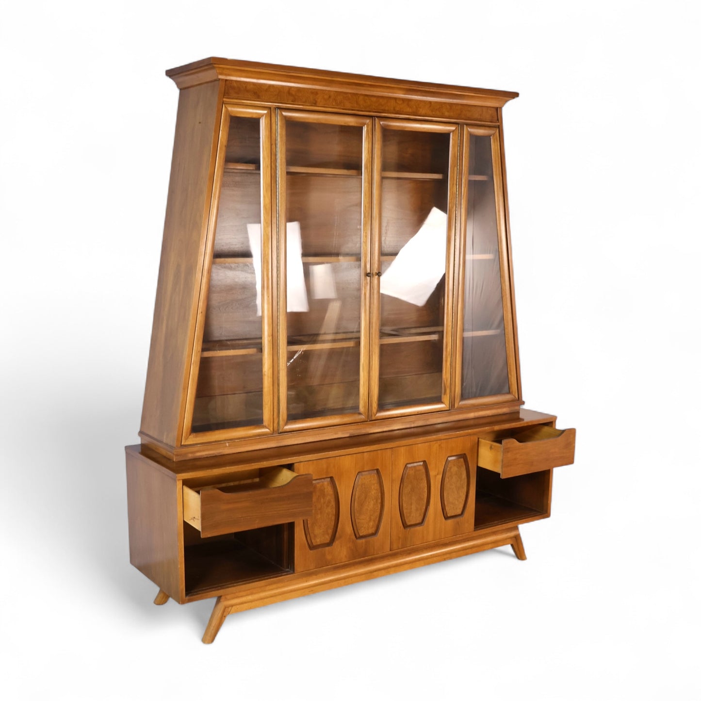 Young Manufacturing Vintage Mid Century Modern Walnut and Burl 2 Piece China Cabinet c. 1960s
