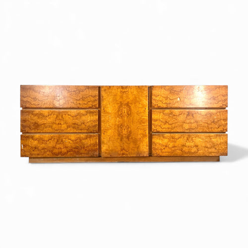 Lane Vintage Brutalist Mid Century Modern Burl 9 Drawer Lowboy Dres... โ burl construction, front view