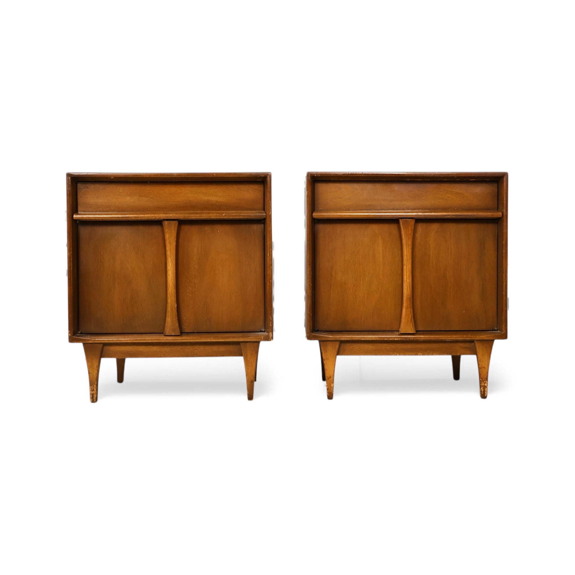 Vintage 1960s nightstands featuring single drawers and lower cabinet storage