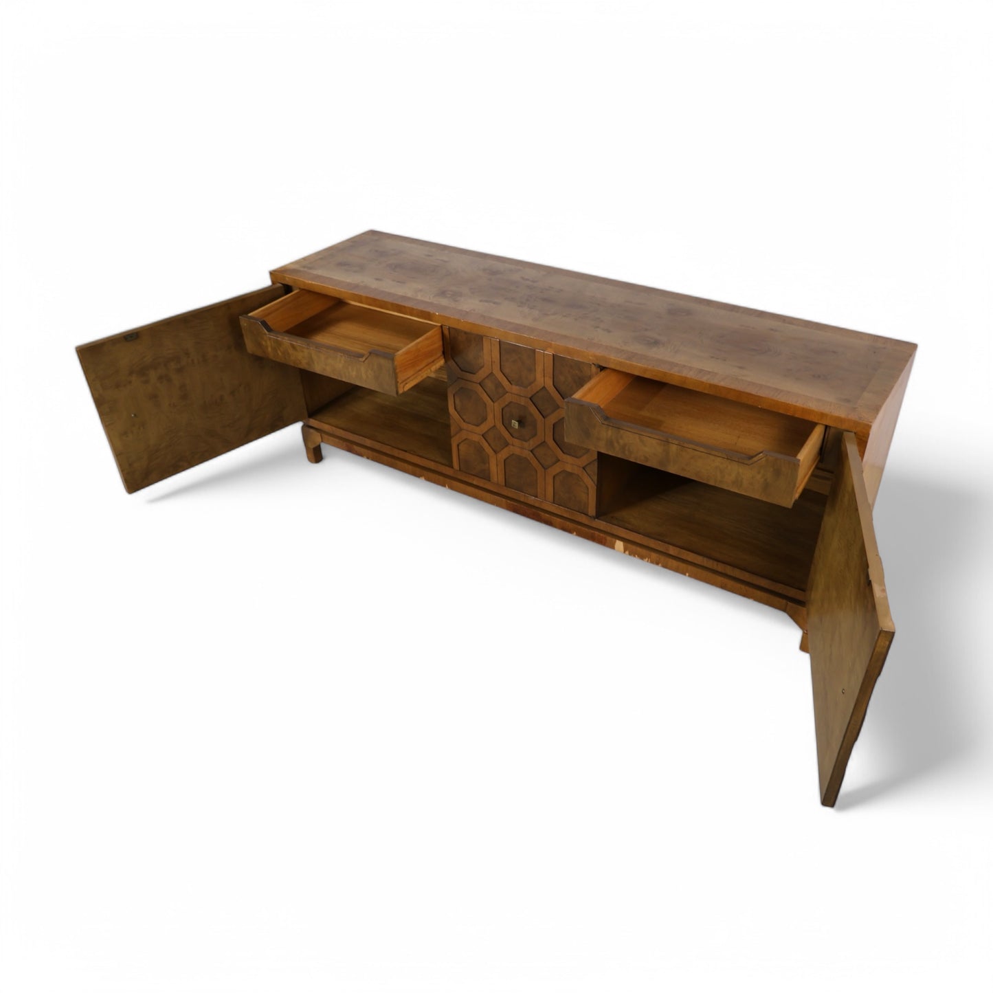 Harold Schwartz for Romweber Walnut Burl and Acacia Vintage Mid Century Modern Credenza c. 1960s