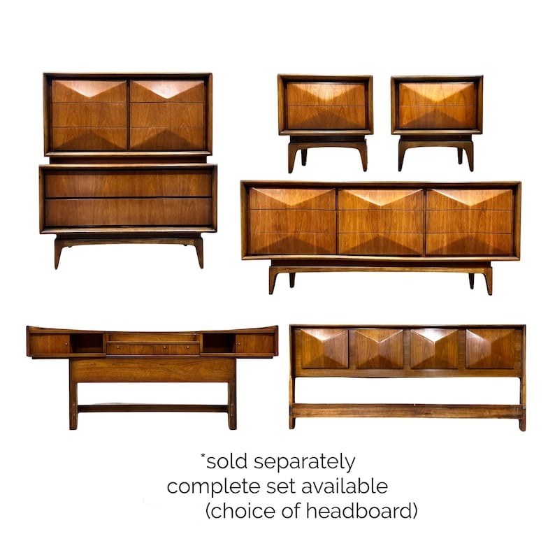 United Furniture co. Vintage Mid Century Modern Diamond Front Bedroom Set with Two Different Styles of Headboards