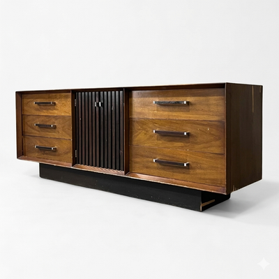 Lane Tower Suite Vintage Mid Century Modern Brutalist Lowboy Dresse... — walnut construction, front view