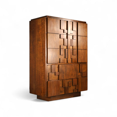Lane Staccato Vintage Brutalist Mid Century Modern 5 Drawer Highboy... β walnut construction, front view