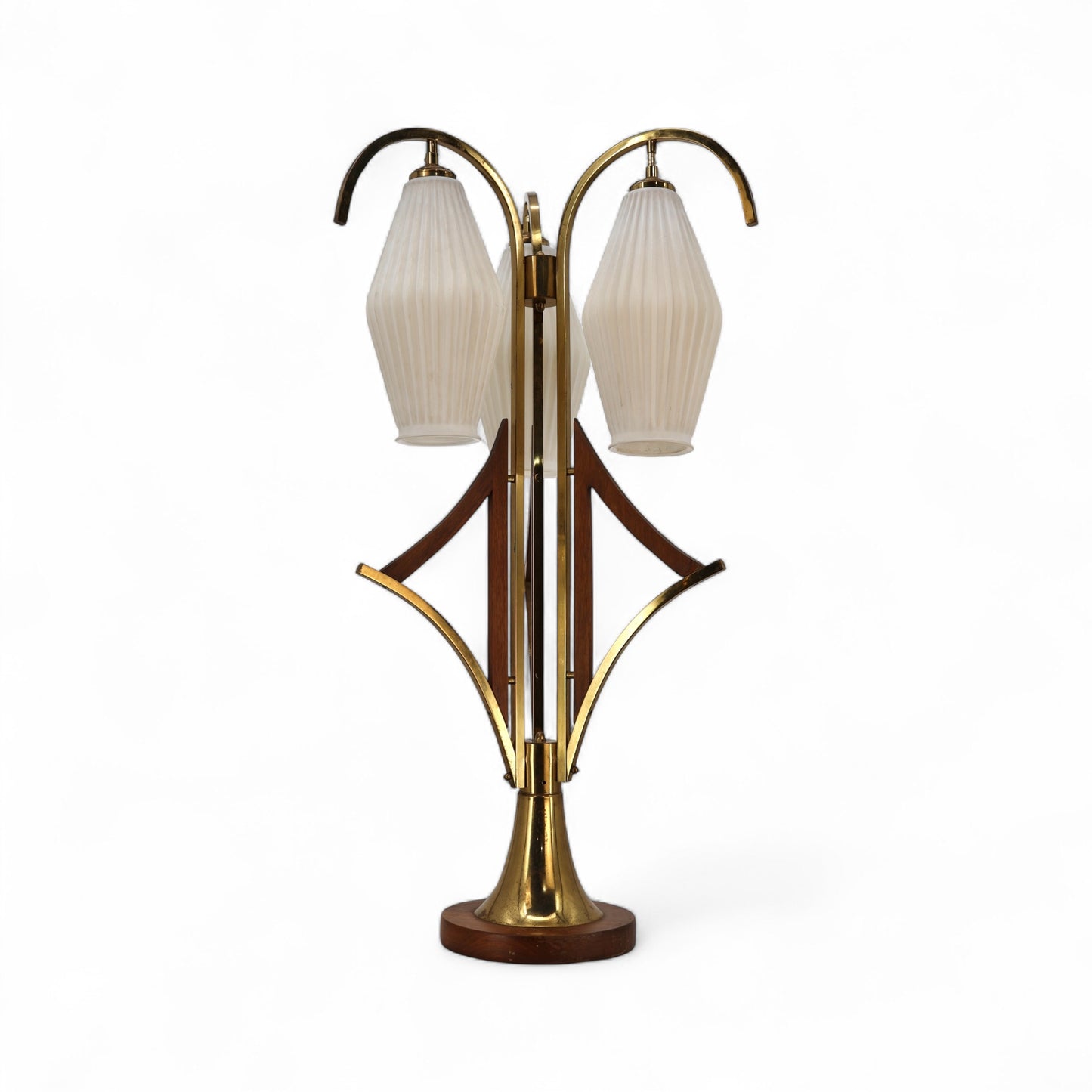 Striking Jet Age Vintage Mid Century Modern Walnut and Brass 3 Glass Shade Table Lamp c. 1960s
