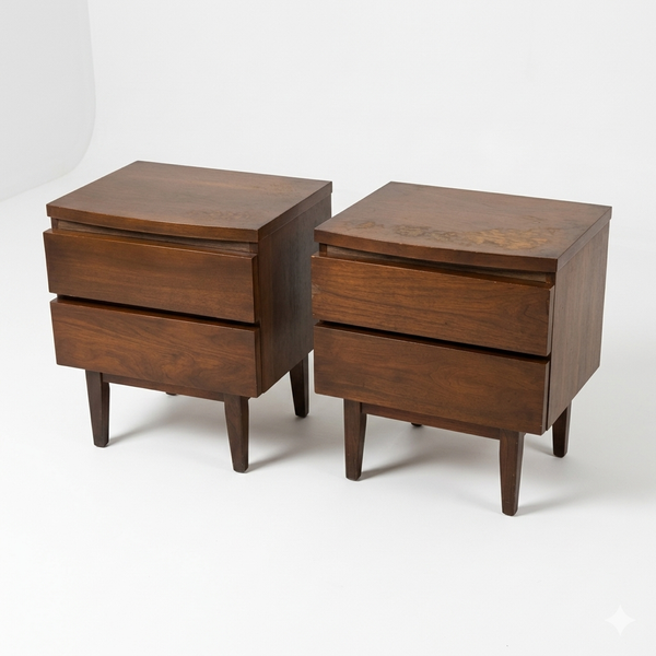 Mid Century Modern Vintage Walnut Pair of Nightstands c. 1960s — walnut construction, front view