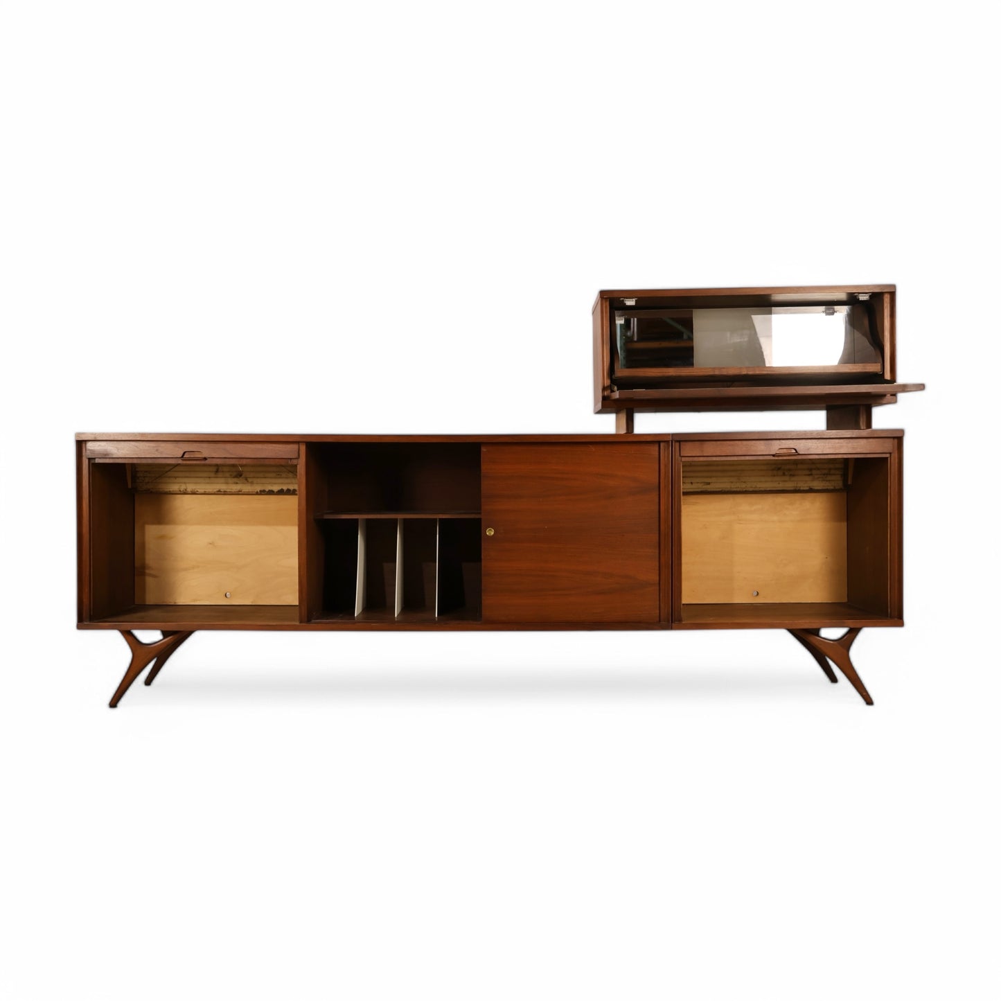 Interior of bar cabinet featuring bottle rack, lucite panel, and laminate prep surface