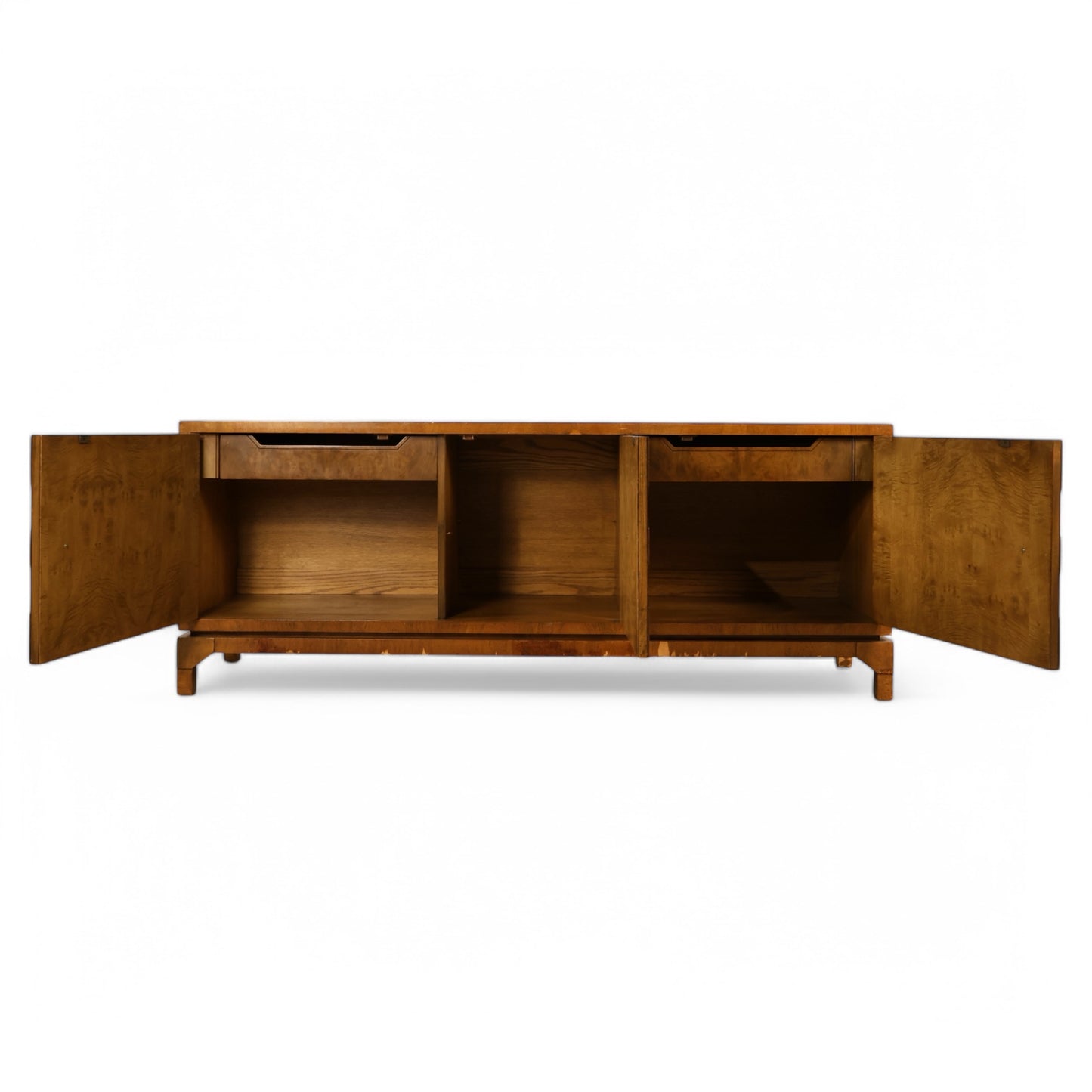 Harold Schwartz for Romweber Walnut Burl and Acacia Vintage Mid Century Modern Credenza c. 1960s