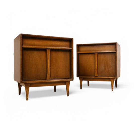 Pair of Red Lion nightstands with sculptural wood accents and warm walnut finish