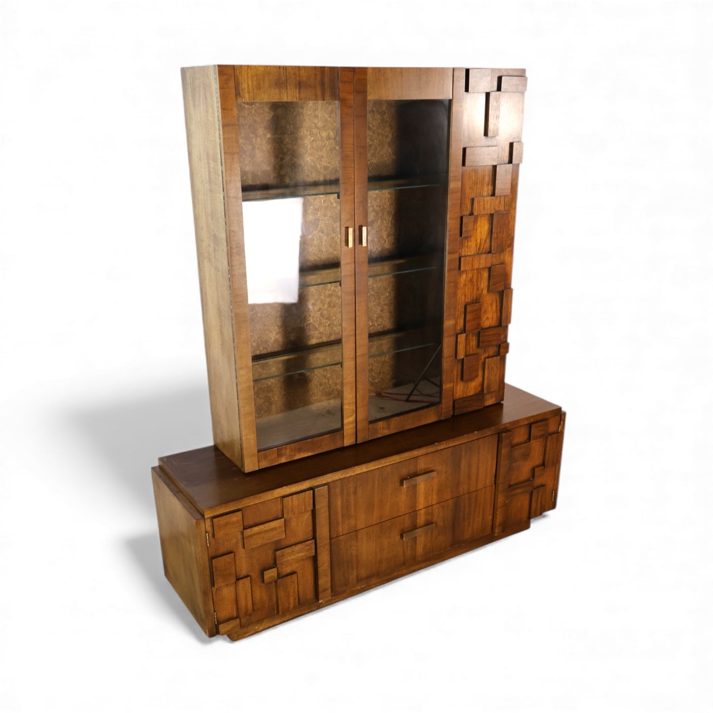 Lane Staccato Vintage Brutalist Mid Century Modern 2 Piece China Cabinet c. 1970s