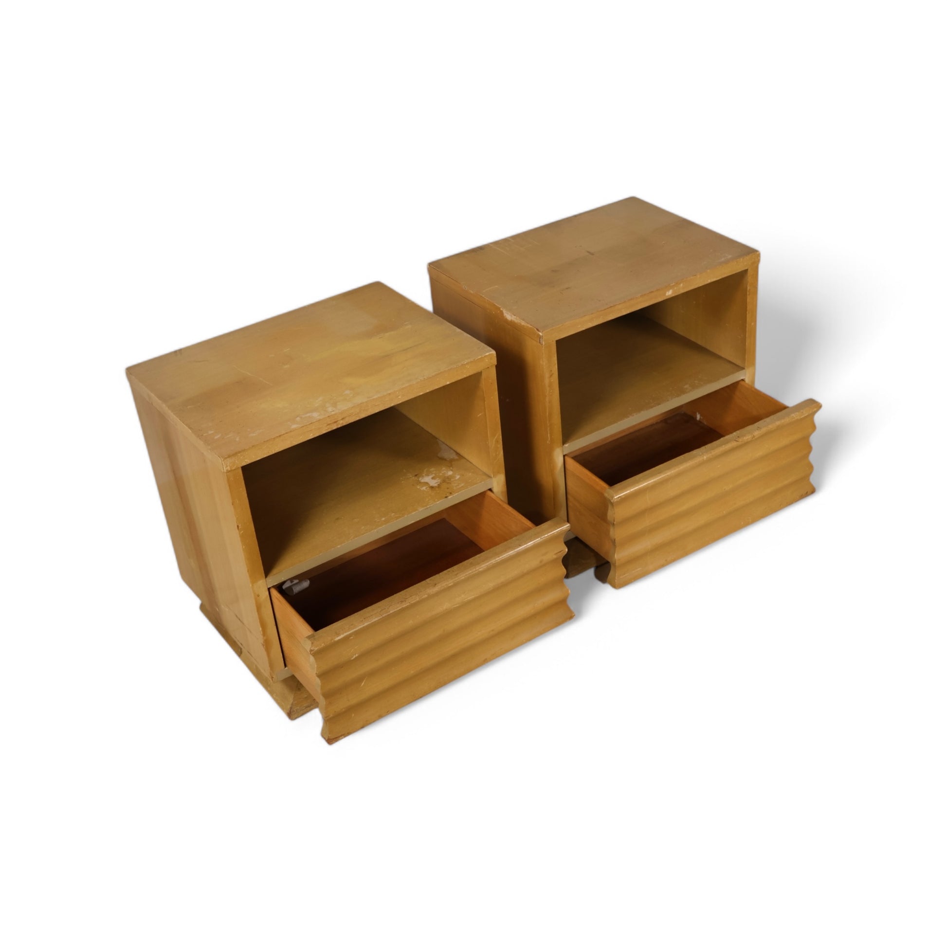 1960s nightstands with open shelves and sculptural drawer detailing