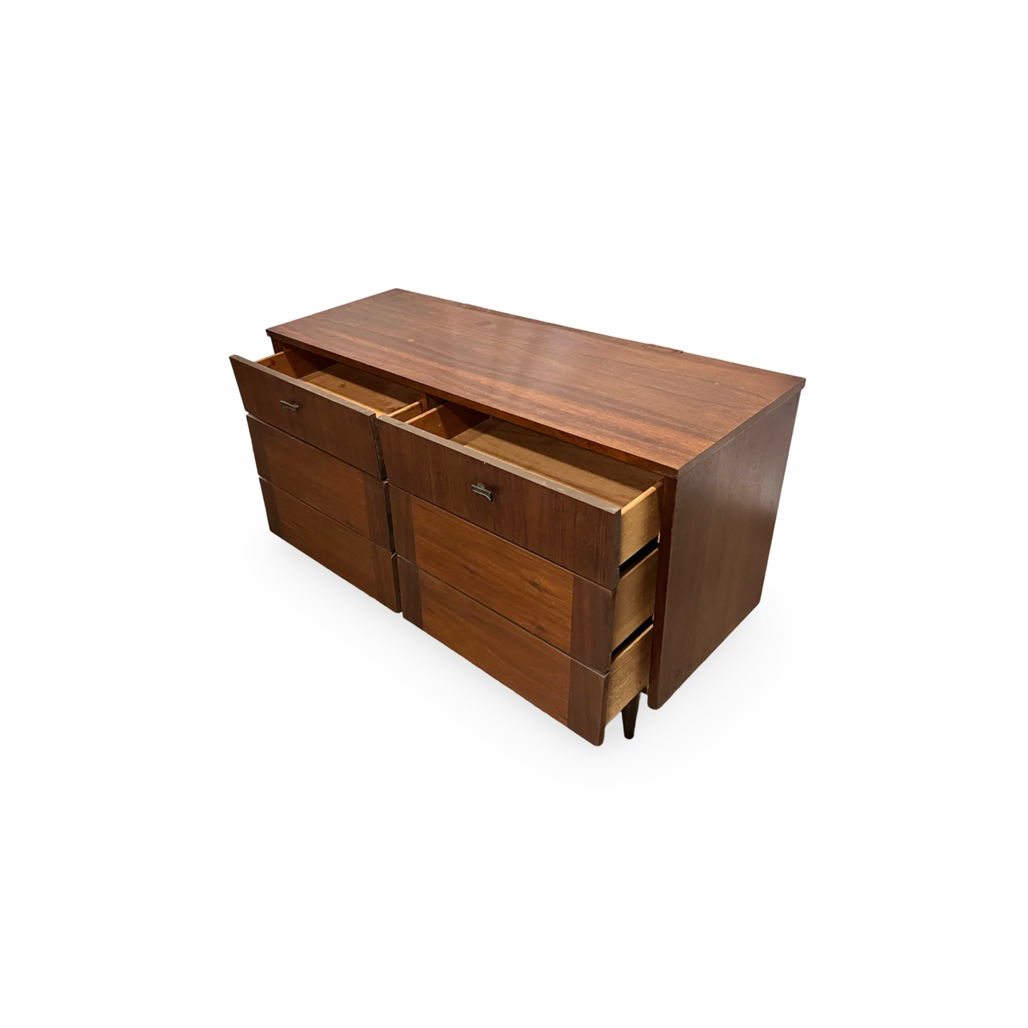 Harmony House dresser with walnut finish and brass hardware, MCM style