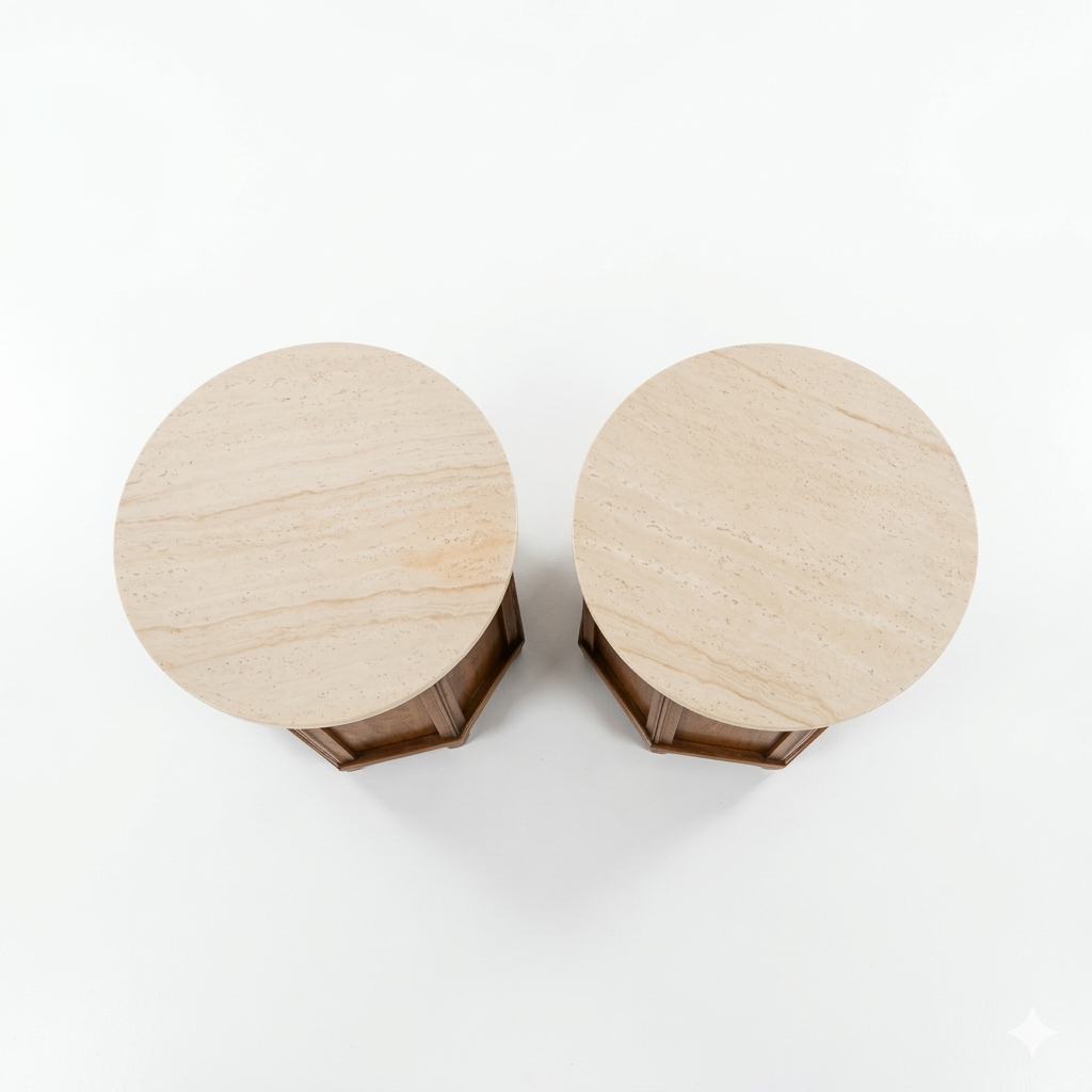 Thomasville burlwood nightstands pair top-down view showing round marble tops with natural veining c. 1960s