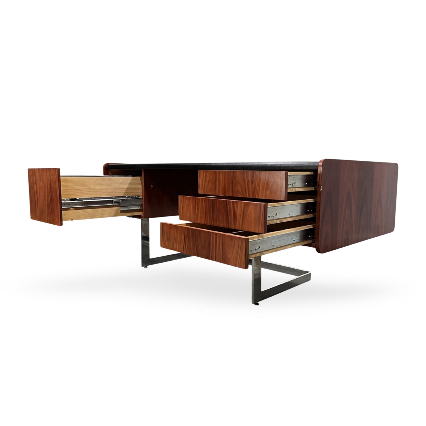 Ste Marie and Laurent Vintage Mid Century Modern Rosewood and Chrome Executive Desk c. 1960s