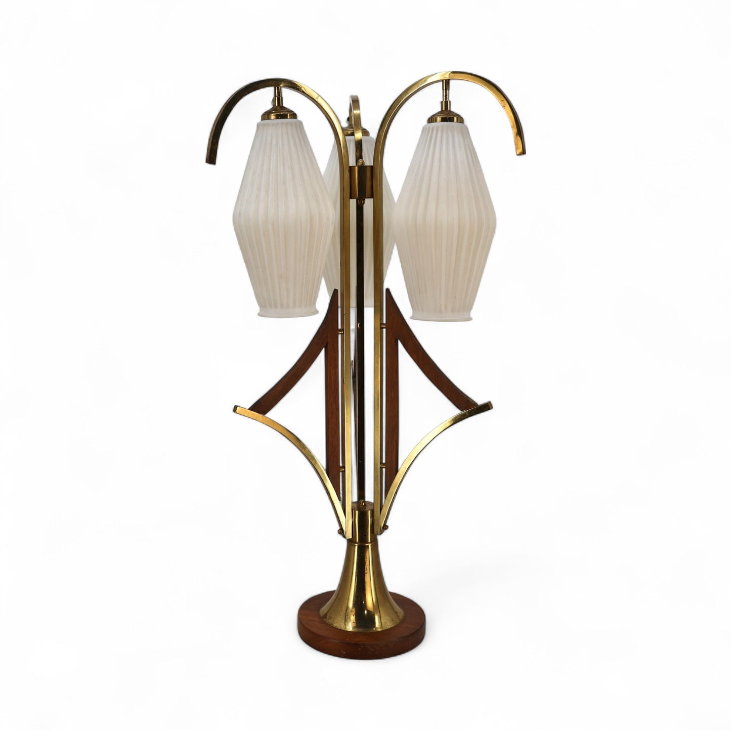 Striking Jet Age Vintage Mid Century Modern Walnut and Brass 3 Glass Shade Table Lamp c. 1960s