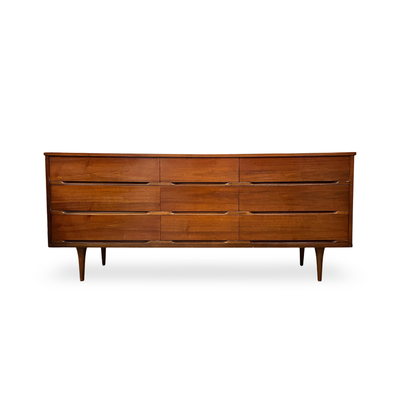 Vintage Mid Century Modern 9 Drawer Lowboy Walnut Dresser c. 1960s — walnut construction, front view