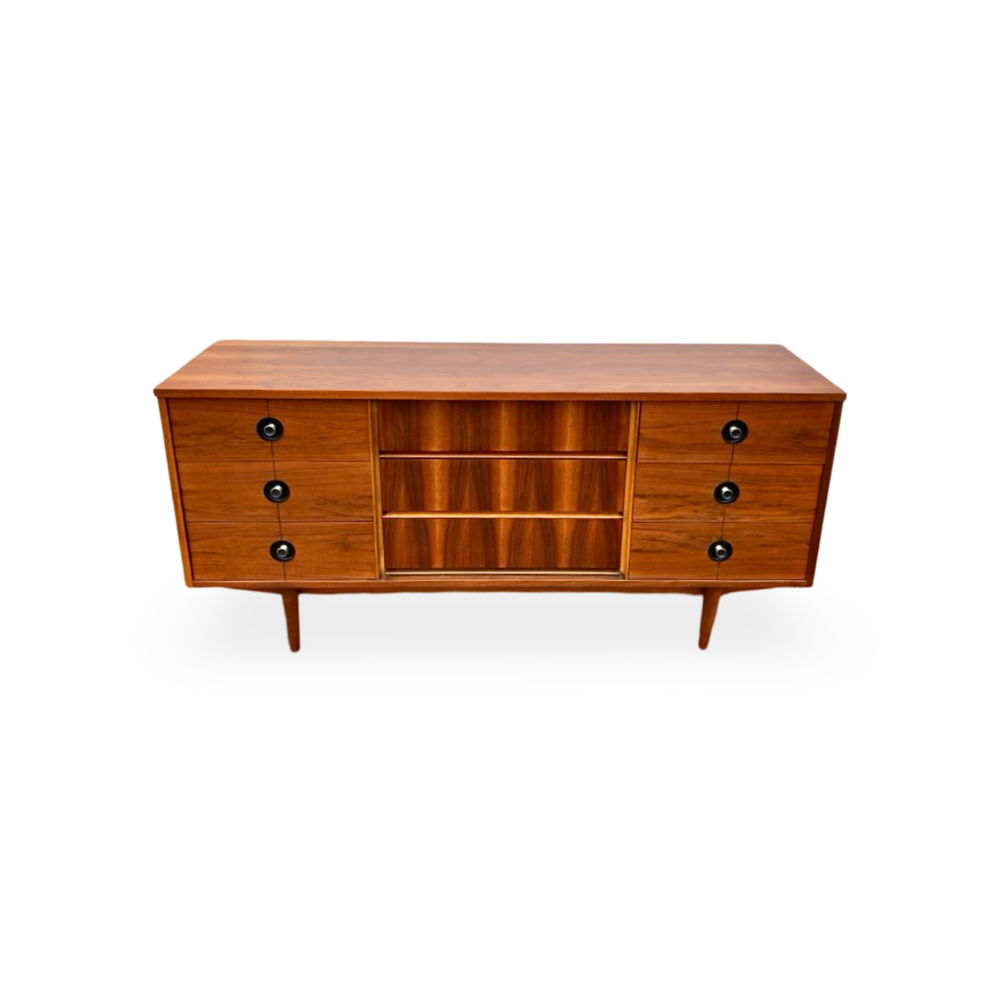 Stanley Vintage Mid Century Modern 9 Drawer Lowboy Walnut Dresser c. 1960s