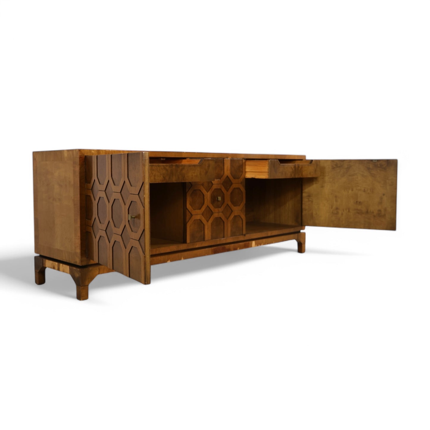 Harold Schwartz for Romweber Walnut Burl and Acacia Vintage Mid Century Modern Credenza c. 1960s
