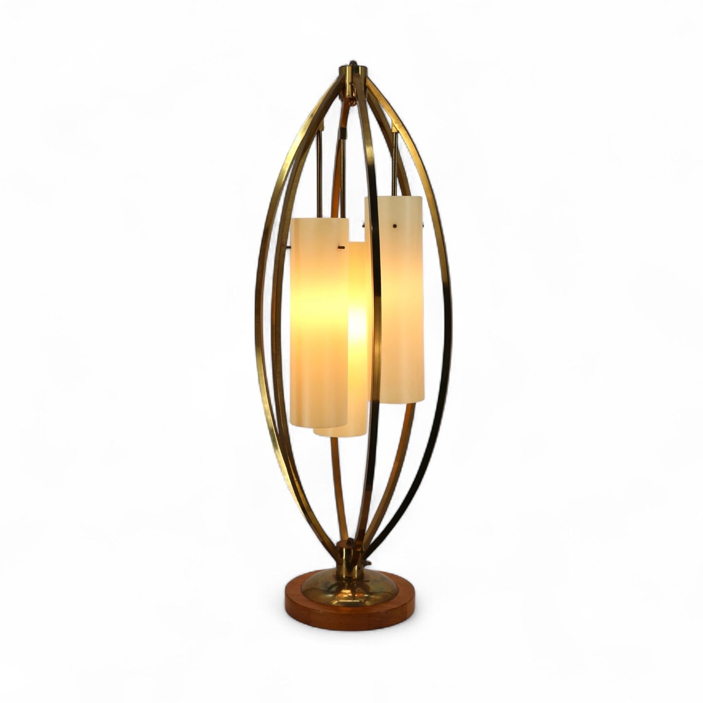 Brass and Walnut Vintage Mid Century Modern Bridcage Table Lamp c. 1960s